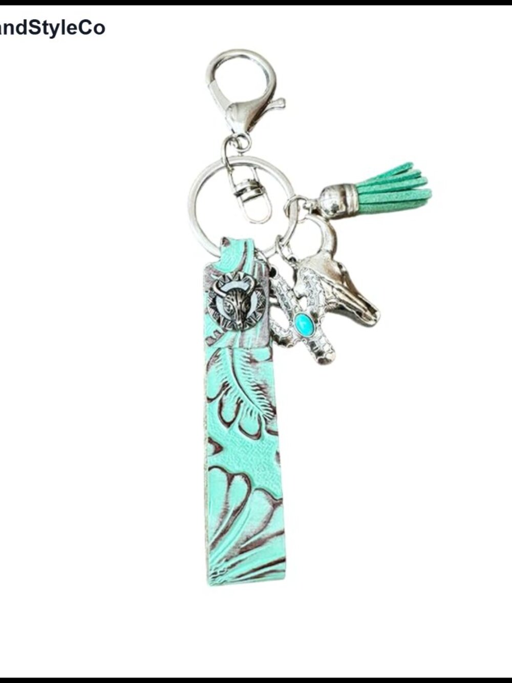 Genuine Leather Floral Embossed Cowboy Keychain Metal Tassel Western Bohemian